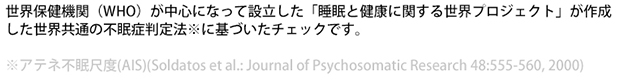 世界保健機関（WHO）が中心になって設立した「睡眠と健康に関する世界プロジェクト」が作成した世界共通の不眠症判定法※に基づいたチェックです。※アテネ不眠尺度(AIS)(Soldatos et al.: Journal of Psychosomatic Research 48:555-560, 2000)